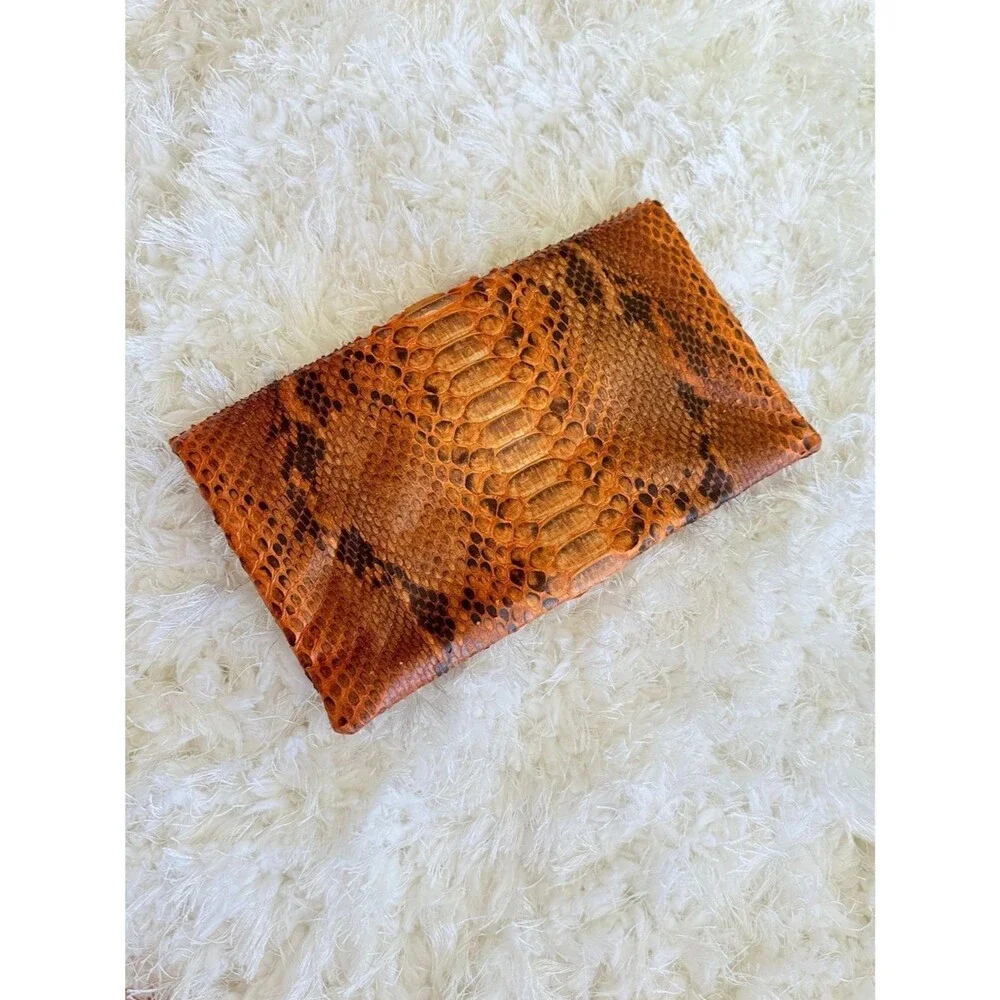 100% GENUINE SNAKE SKIN PYTHON LEATHER ORANGE ENVELOPE CLUTCH BRAZIL INDONESIA